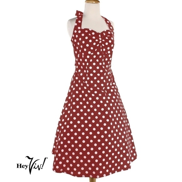 Red & White Polka Dot Cotton Halter Dress Rockabilly Sundress Sz Small - Hey Viv - Picture 2 of 5
